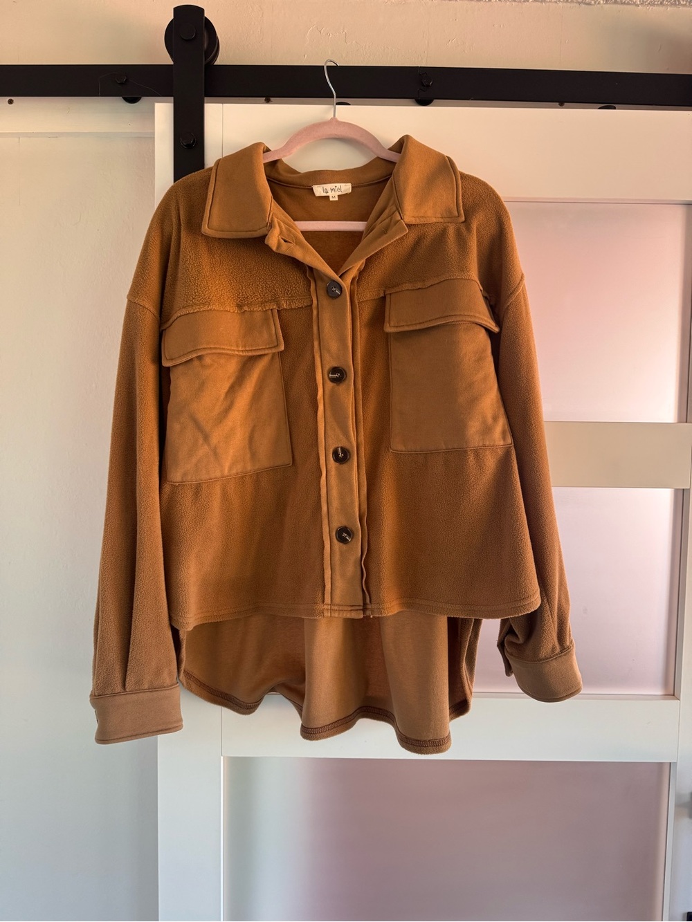 LA MIEL Camel Utility Shacket with Patch Pockets